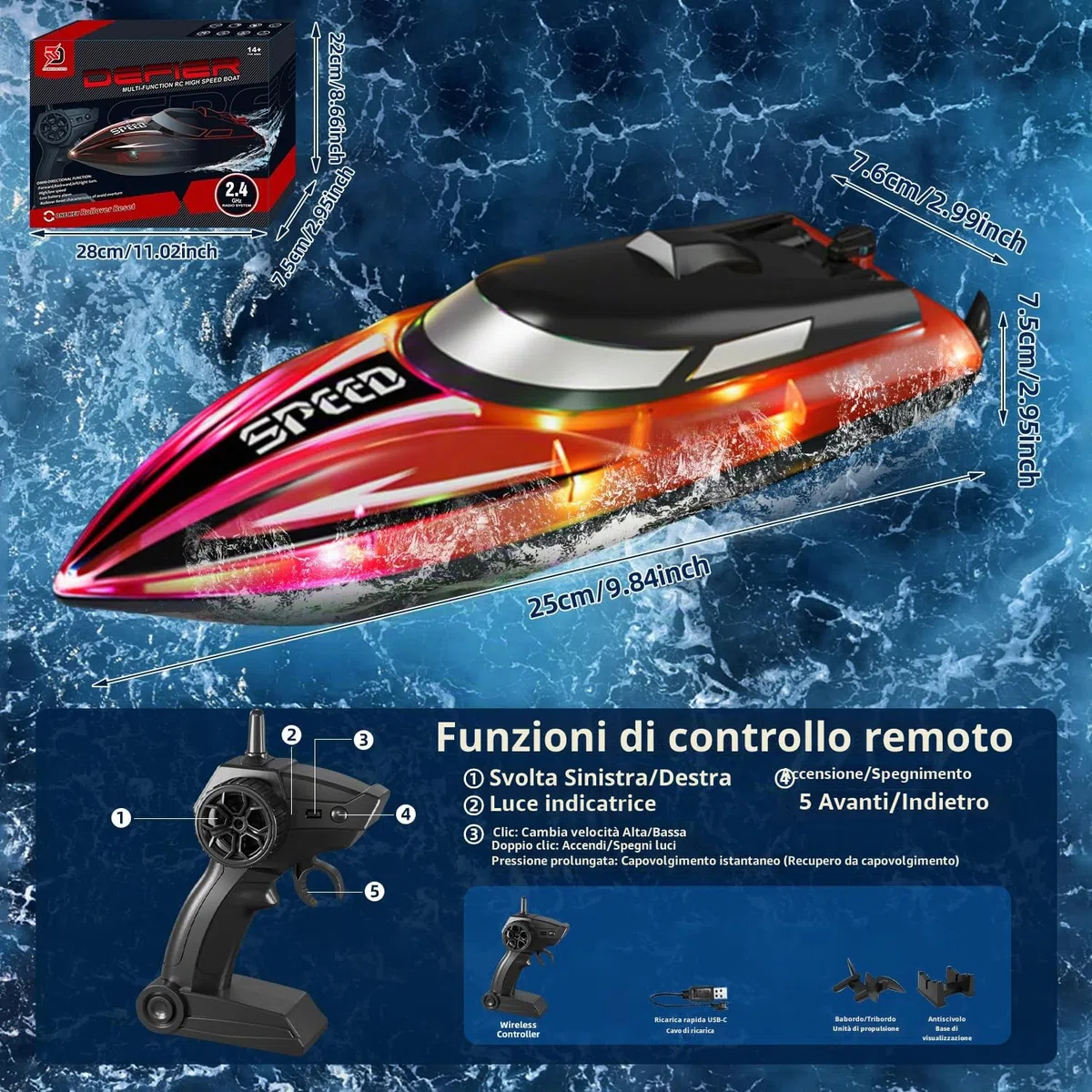 RoserRose Barca telecomandata, barca radiocomandata con illuminazione a LED, telecomando da 2,4 G, doppio motore, impermeabile e protezione contro il ribaltamento, per bambini, con 2 batterie per mari