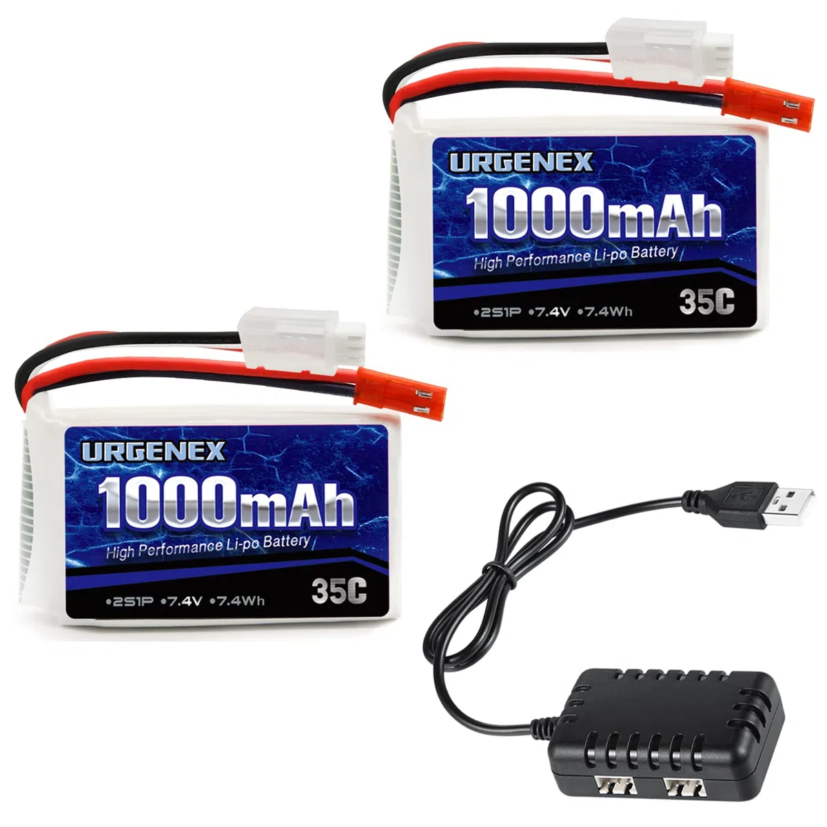 7.4V 1000mAh Lipo Battery 2S 35C Lipo RC Batteries with JST Plug Rechargeable Lithium Battery with 2 in 1 USB Charger for WLtoys A949 A959 A969 A979 K929 and Most 1/10 1/16 1/18 1/24 RC Cars