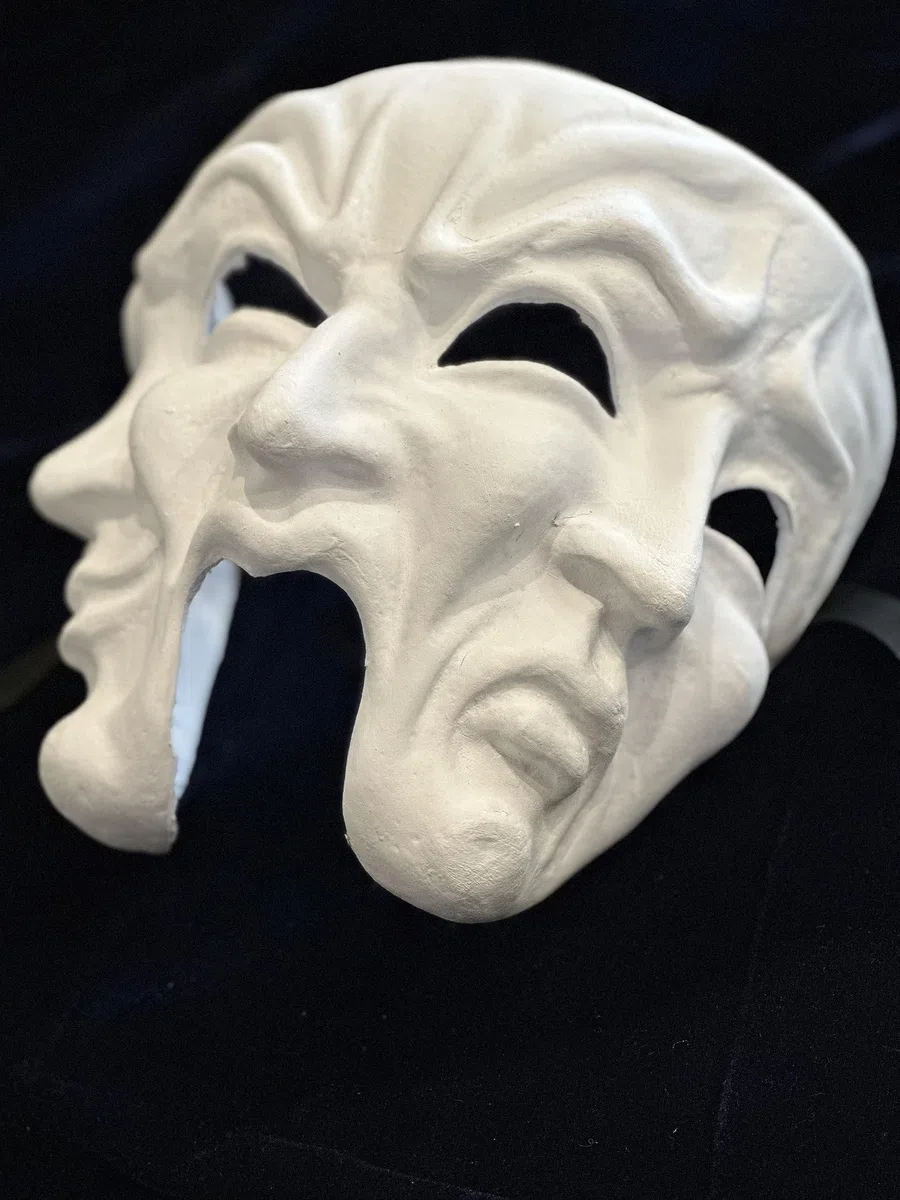 Maschera teatrale bianca vuota con 3 facce - Per decorare, dipingere e indossare.