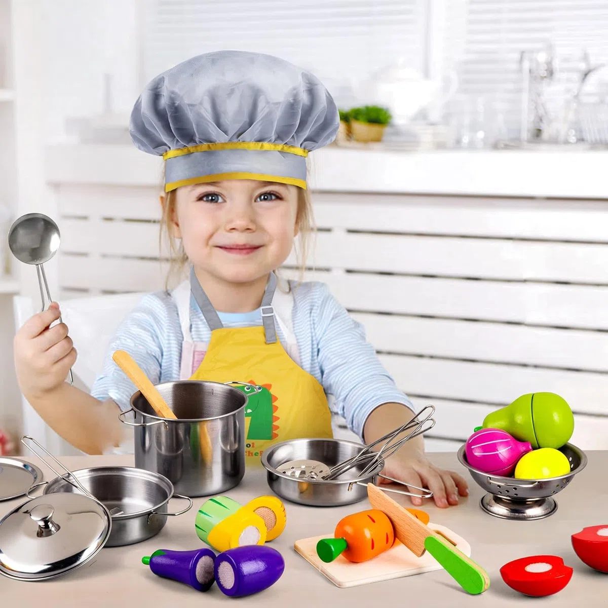 EFO SHM Accessorio da cucina in legno per bambini, dinette per bambini, utensili da cucina, giocattoli per frutta e verdura da taglio, giocattolo da cucina educativo per ragazzi e ragazze dai 3 anni