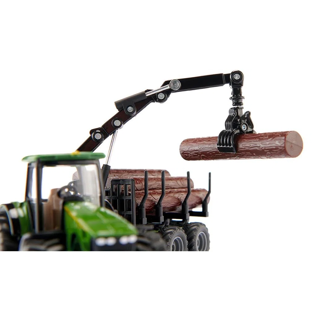 Siku 1954, Trattore John Deere con rimorchio forestale, 1:50, Metallo/Plastica, Verde, Braccio e pinza completamente operativi
