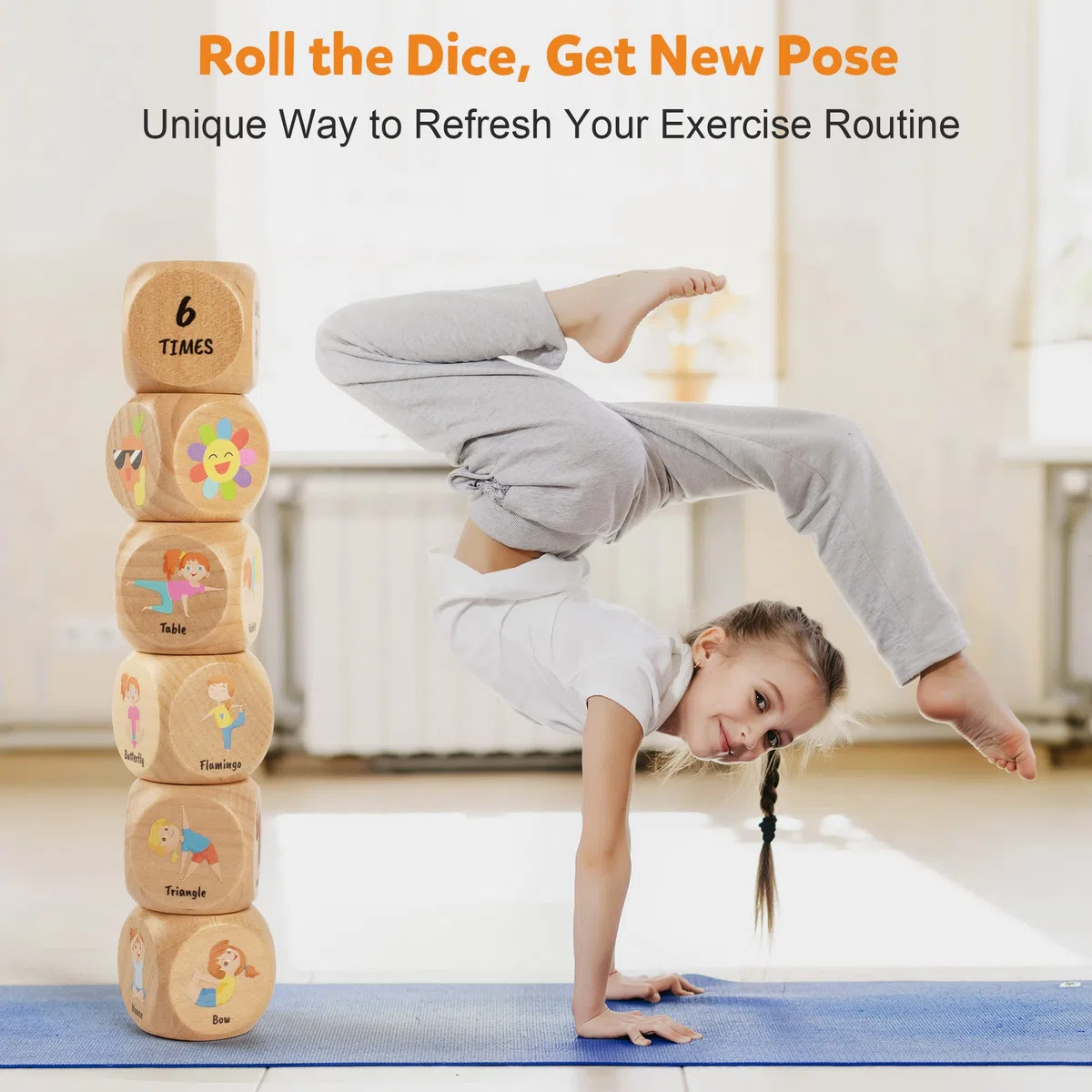 Homotte Set di dadi da yoga in legno per bambini, divertente gioco di allenamento con 6 cubi di esercizio, 12 carte yoga e una scatola, per la festa della mamma, per lo yoga di Natale per ragazze e