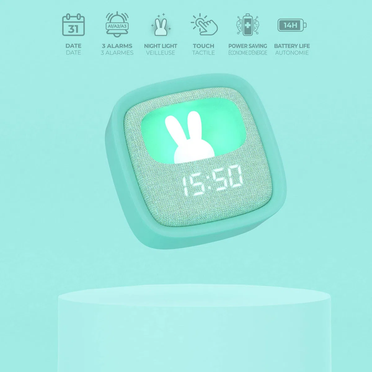 Sveglia Digitale per Bambini e Lampada Billy Clock con Coniglietto Soft Touch - Sveglia Comodino con Data, Ora e 3 Allarmi - Luminosità Regolabile - Blu - MOB