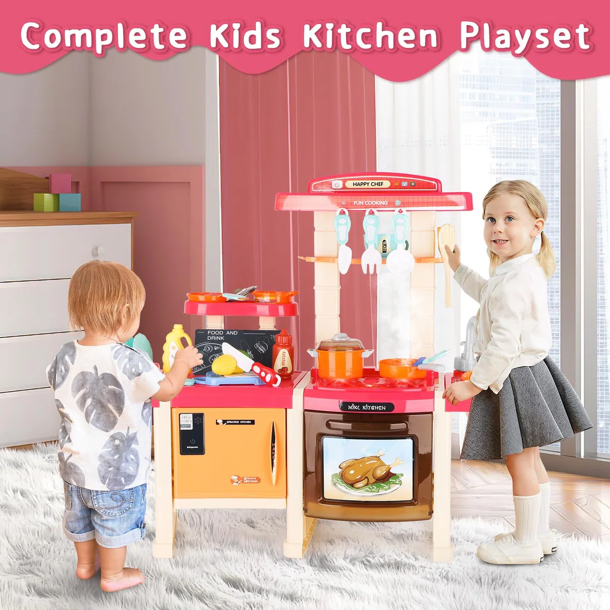 deAO Cucina Giocattolo per Bambini, Gioco di Ruolo da Cucina in Miniatura con Luce Suono Acqua Vapore e Accessori da Cucina, Cucina Studio con Frigorifero Lavastoviglie Fornello Lavello Forno Cibo