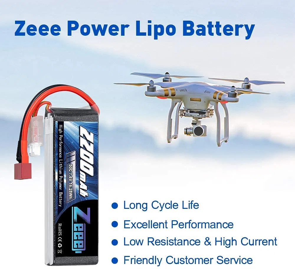Zeee 2S Lipo 7,4V 50C 2200mAh Batteria RC con Connectore Deans T Spina per FPV Racing UAV Drone Veicolo a quattro assi elicottero RC Nave Veicolo Modells (2 pezzi)