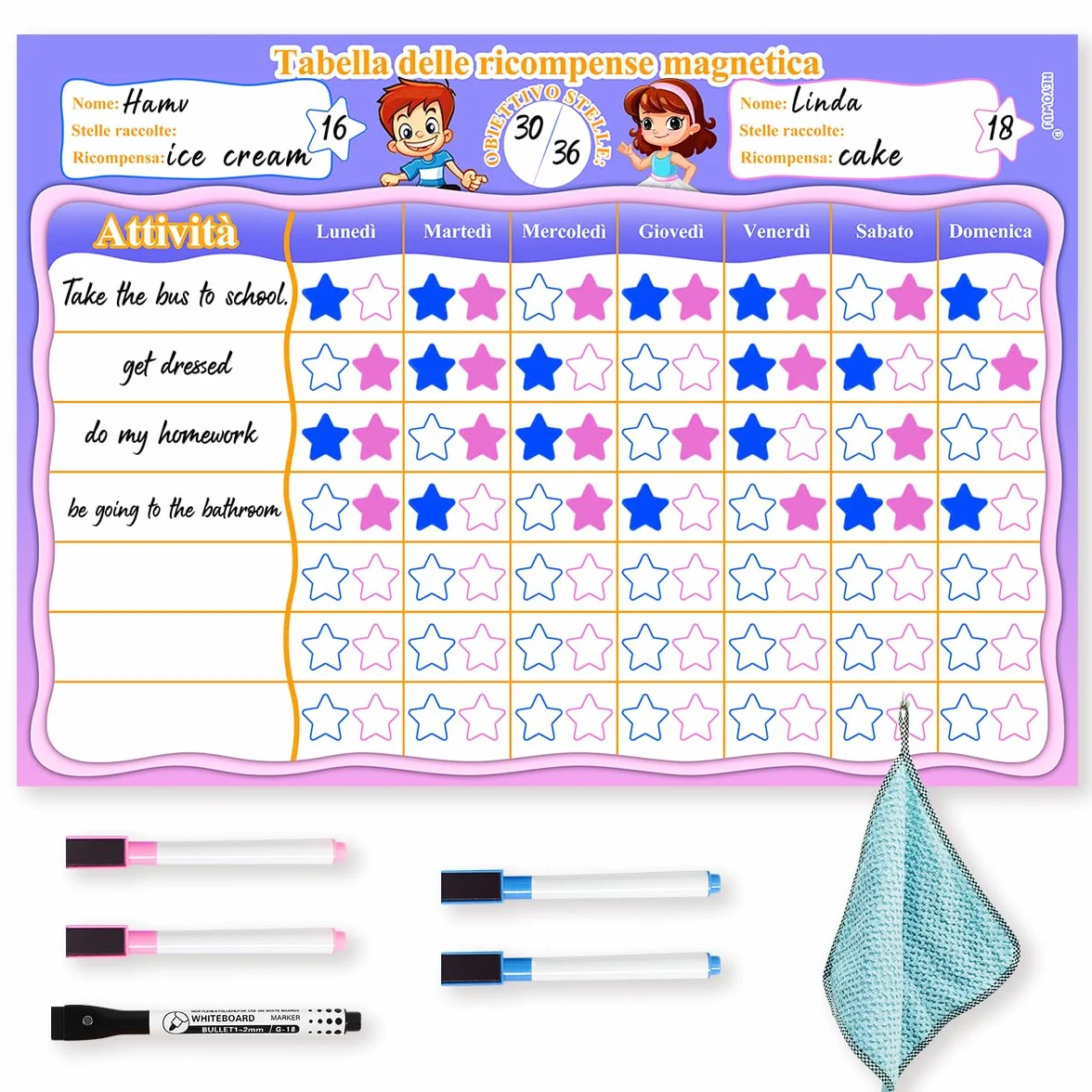 Tabella Delle Ricompense per Bambini,Tabellone Delle Ricompense bambini,Tabella Delle Ricompense Magnetica,Routine Bambini Giornaliera,Buon Comportamento in Ragazzi/Ragazze,5 Penne,34X24 cm (Italiano)