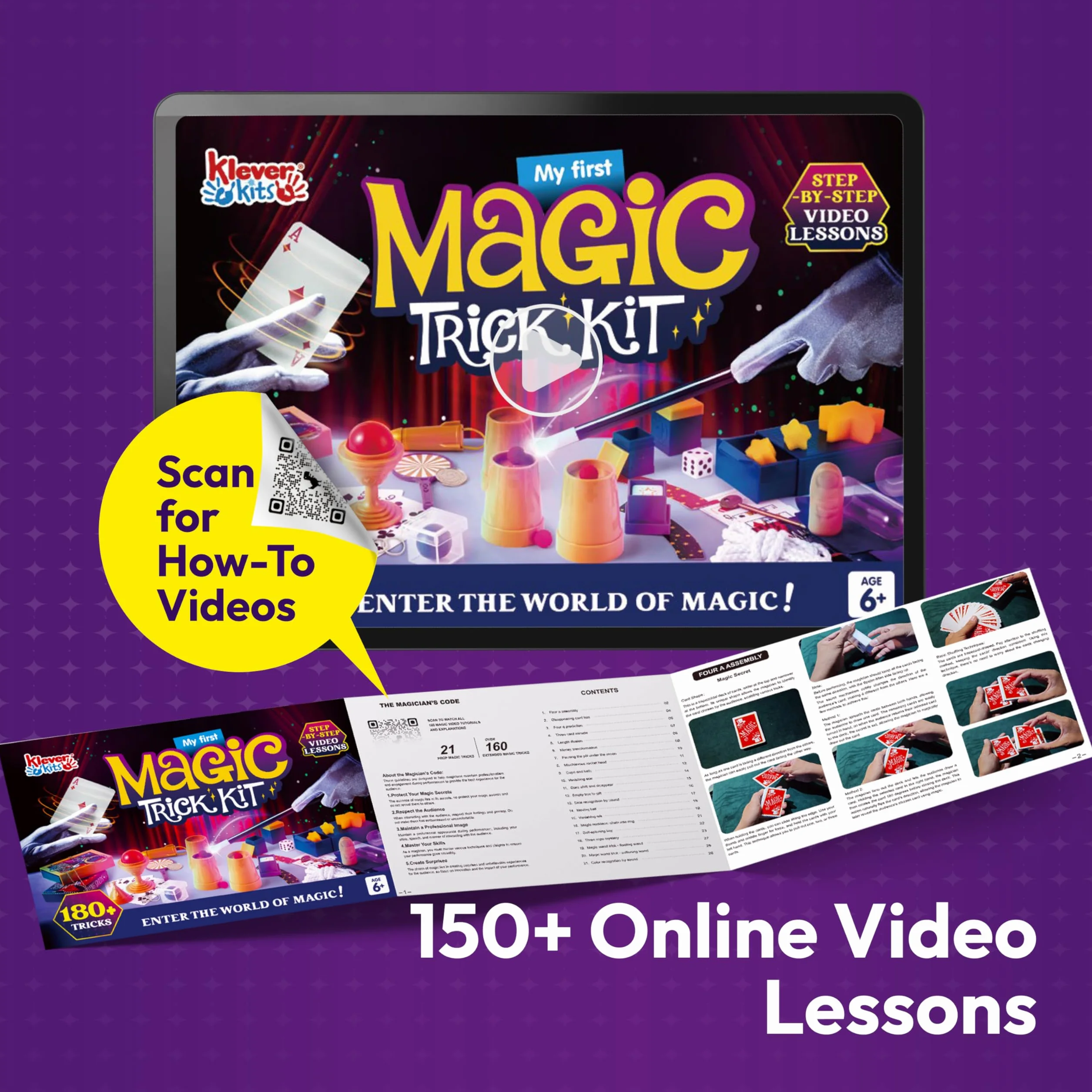 Klever Kits 180+ Gioco di magia - My First Magic Trick Kit- Incredibile Giocattolo da Mago con lezioni Video Passo-Passo, per Bambini Oltre 6 Anni e Carte di Illusione Facili