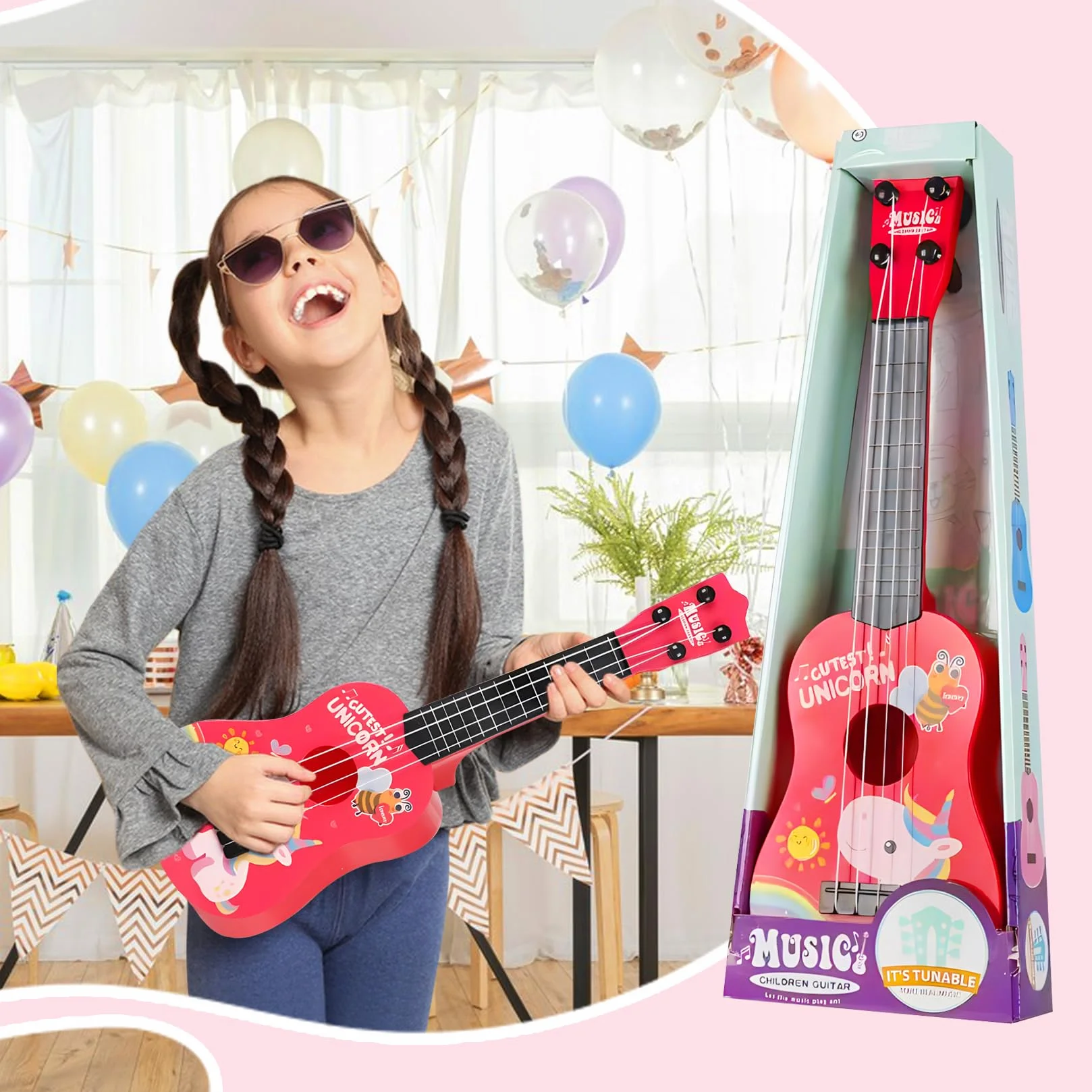 42cm Chitarra per Bambini e Ragazzi - Ukulele con 4 Corde Regolabili, Giocattolo Musicale per Principianti