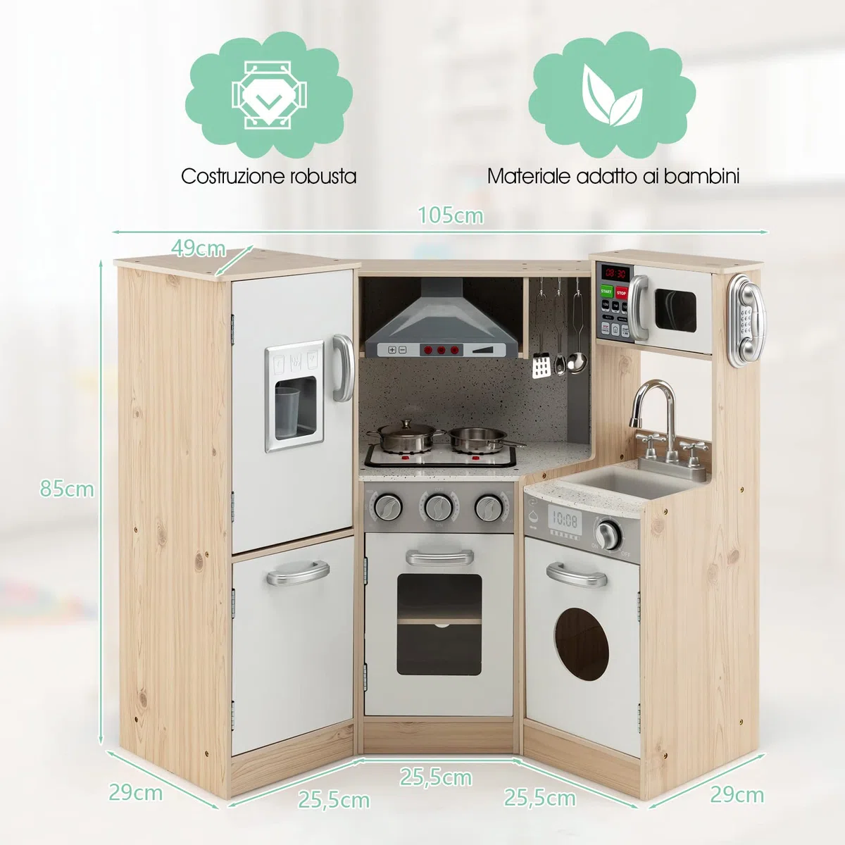 COSTWAY Cucina Giocattolo Legno per Bambini con Macchina del Ghiaccio, Telefono, Lavatrice, Forno, Microonde, Lavello e Rubinetto, Funzione Luci e Suoni, 3+ Anni