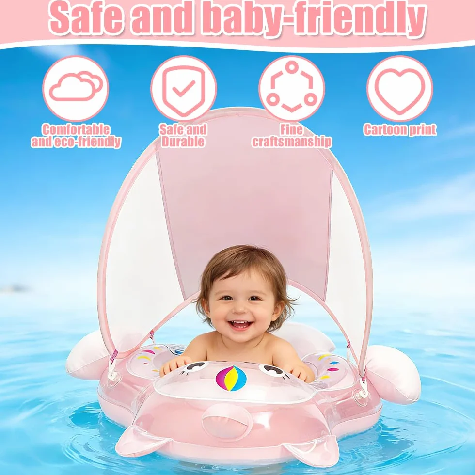 Salvagente Neonato, Ciambella Neonato Con Parasole E Pompa Ad Aria, UPF50+ Protezione UV, Salvagente Bambini Per Adatto Per Bagno, Piscina, Mare Per Bambini Dai 3 Ai 36 Mesi (L)