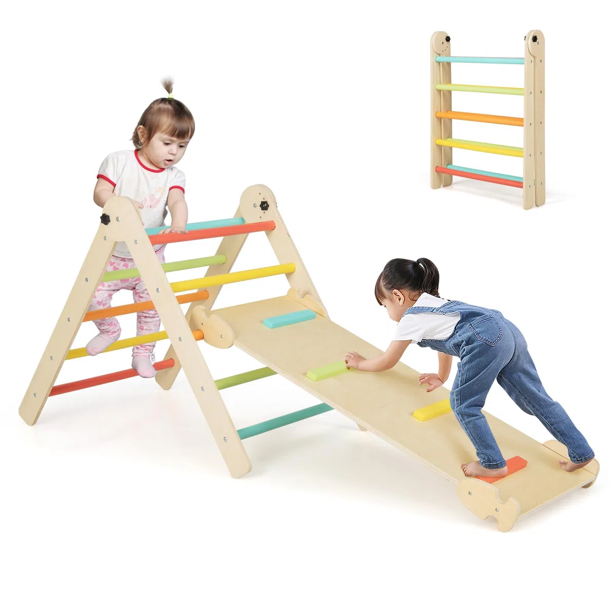 COSTWAY 3 in 1 Set da Arrampicata per Bambini, Giocattoli da Arrampicata Triangolari Pieghevoli, Altezza Regolabili, con Scivolo/Rampe da Arrampicata, Carico 60 kg (Colorato)