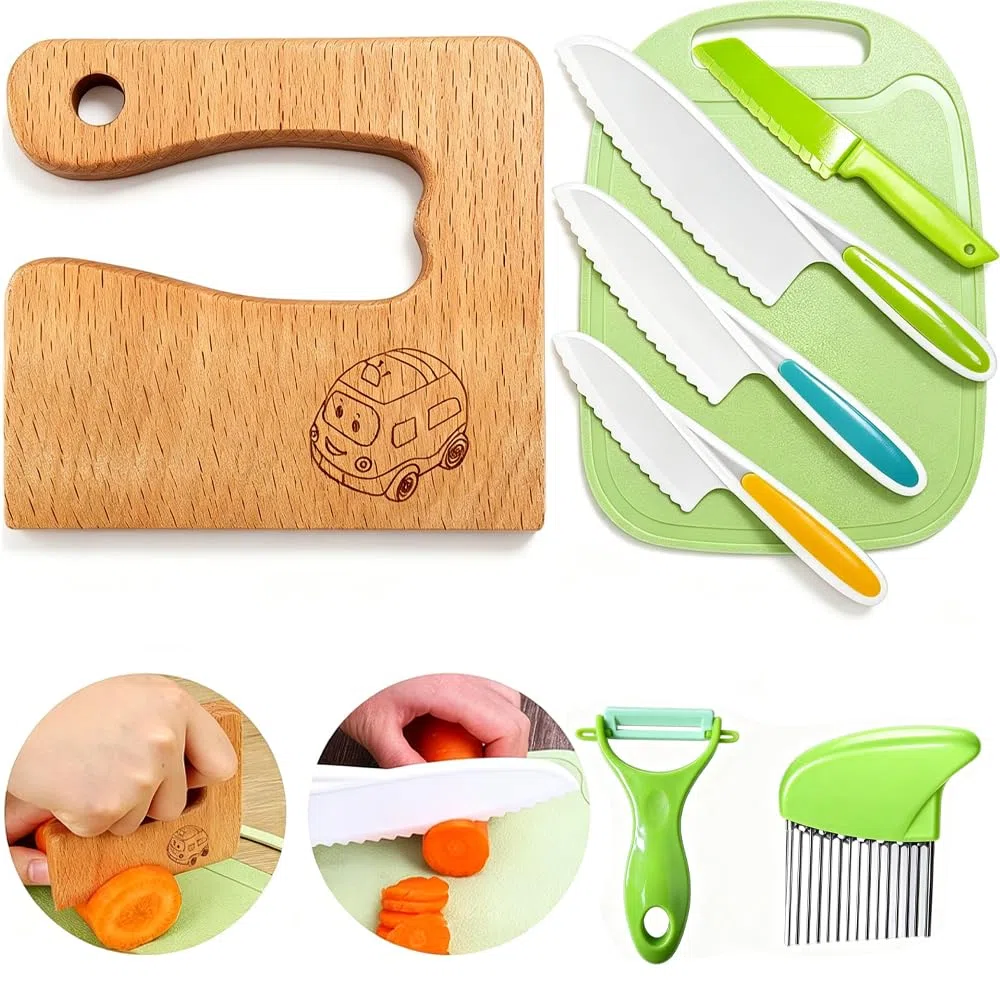 Goodchef Set di coltelli da cucina per bambini, 8 pezzi, per tagliare e cucinare frutta o verdura per bambini, con coltello in legno