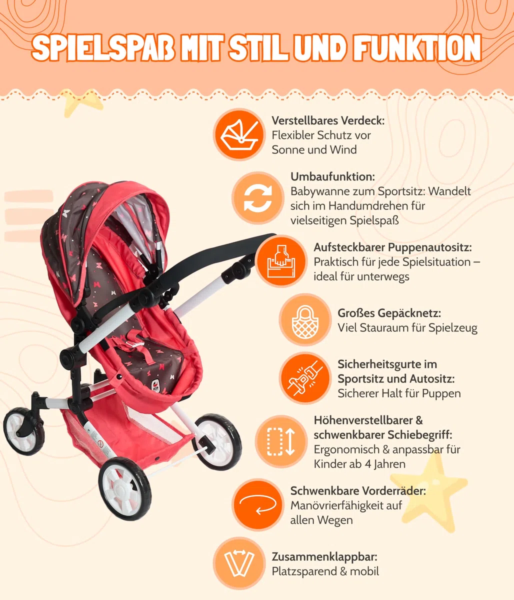 Bayer Chic 2000 Passeggino combinato 3 in 1 Linus – Butterfly Corallo – pieghevole, manico regolabile in altezza 47 – 78 cm, con seggiolino auto – Bambole fino a 52 cm, 4 – 8 J