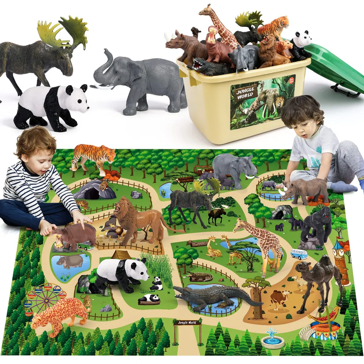 FRUSE Animali Giocattolo per Bambini con 145x98cm Grande Tappeto da Gioco,12 Pezzi Giocattoli Animali Set di Giochi di Giocattoli con Leone,Elefante,Educativo Regalo per Ragazzo Ragazza