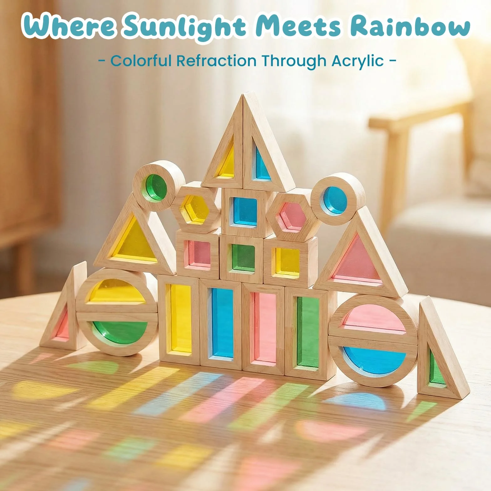 WOODENFUN Montessori, 32 blocchi di luce in acrilico arcobaleno, per bambini, in legno di gomma, trasparenti, arcobaleno, acrilico (22 pezzi)