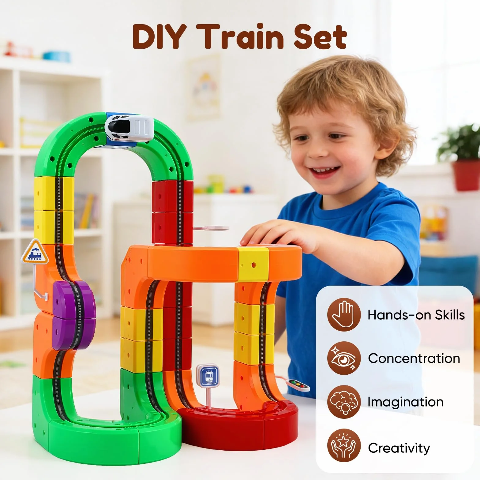 Set di treni cubici Magic Rail da 123 pezzi, set di treni elettrici, layout 3D incorporati, pista da corsa flessibile, giocattolo per la costruzione di auto motorizzate che sfidano la gravità
