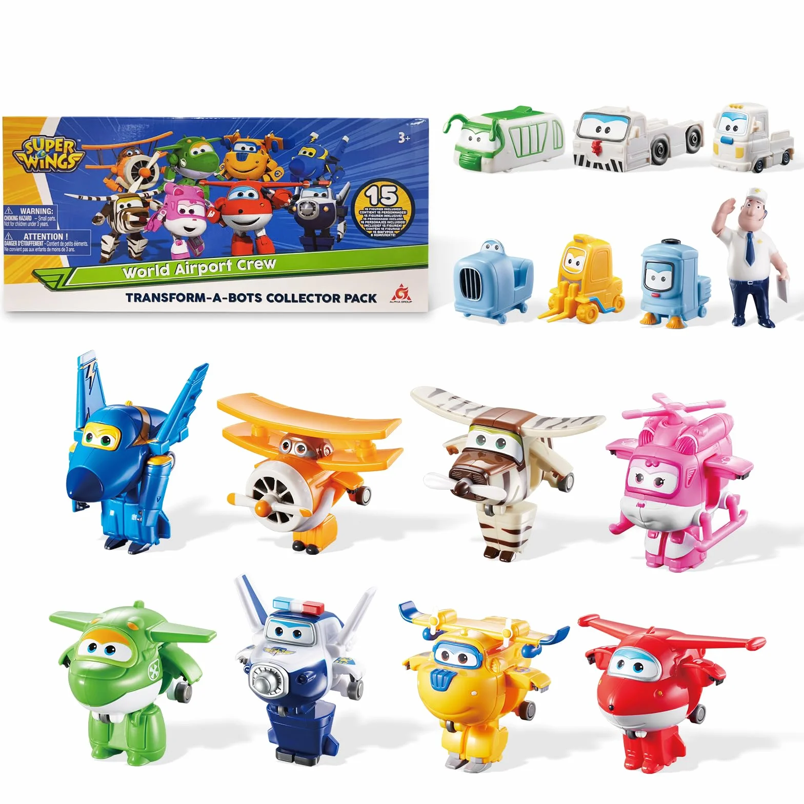 Super Wings, Transform-a-Bots, World Airport Crew, Serie 2, Confezione con 15 Giocattoli, Personaggi da 5 cm