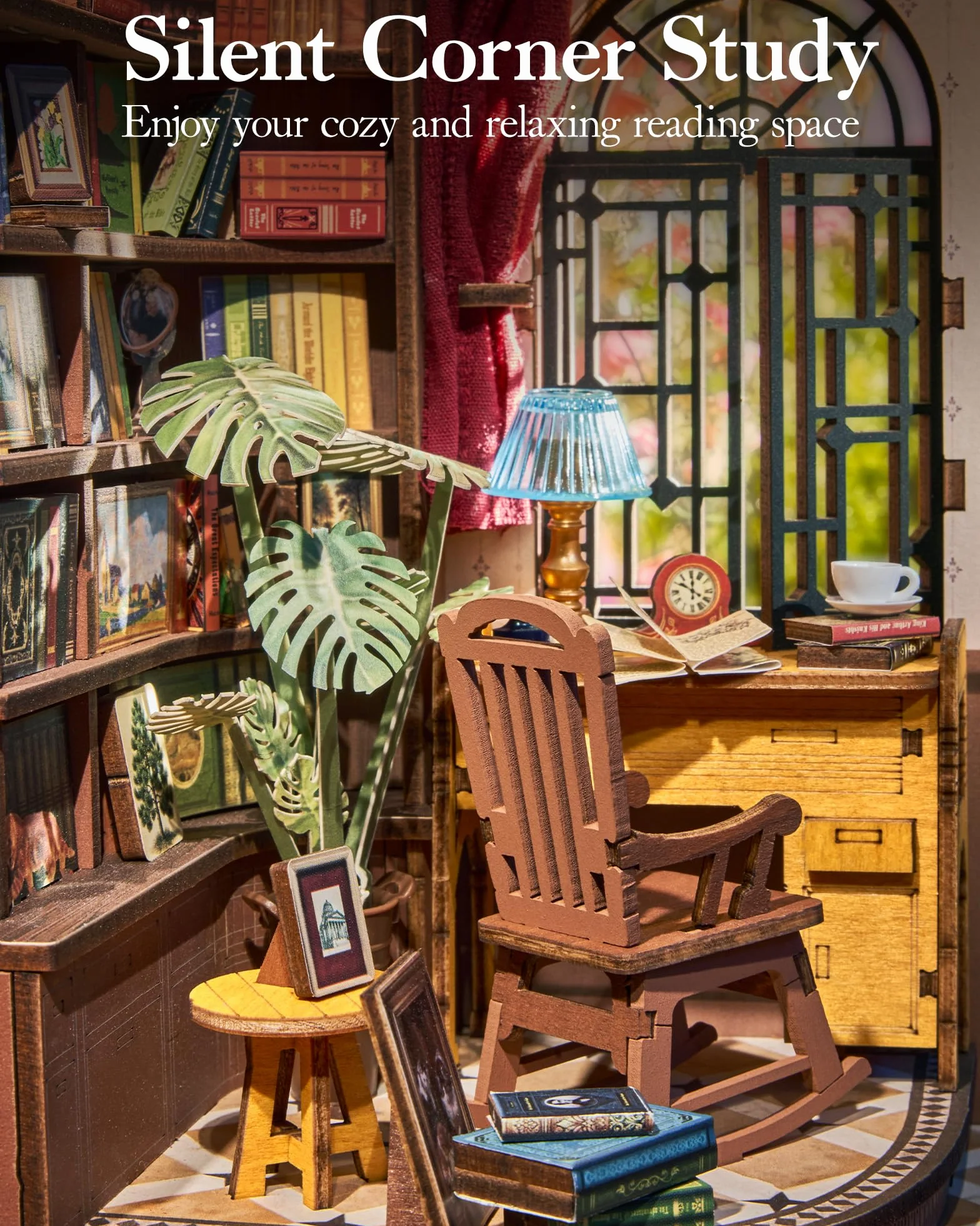 ROBOTIME Book Nook in Legno – Booknook Casa in Miniatura da Costruire con Luci, Puzzle 3D Creativo per Adulti e Ragazzi, Decorazione da Libreria (Silent Corner Study)