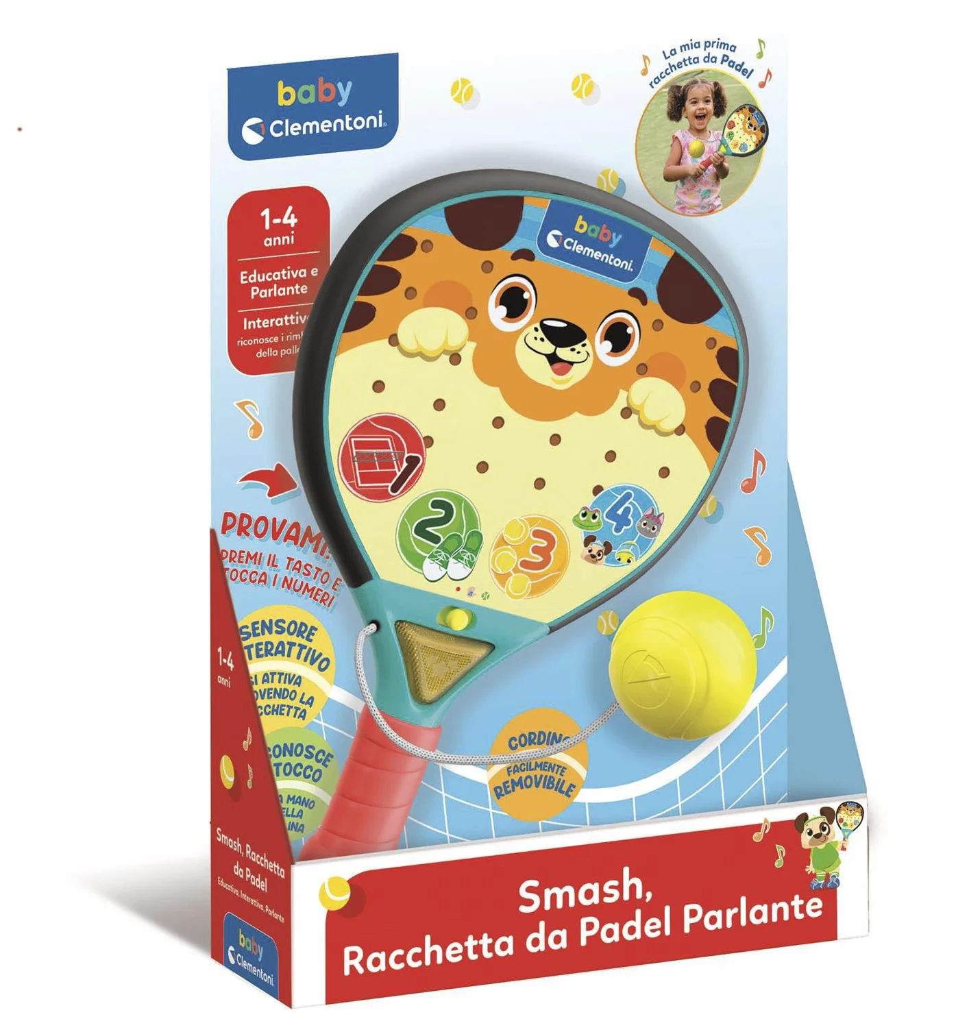 Clementoni Baby - Smash Racchetta da Padel parlante, Racchetta Educativa, Interattiva e Parlante, per Bambini tra 1 e 4 Anni, Stimola Lo Sviluppo Sensoriale e Cognitivo, 17548