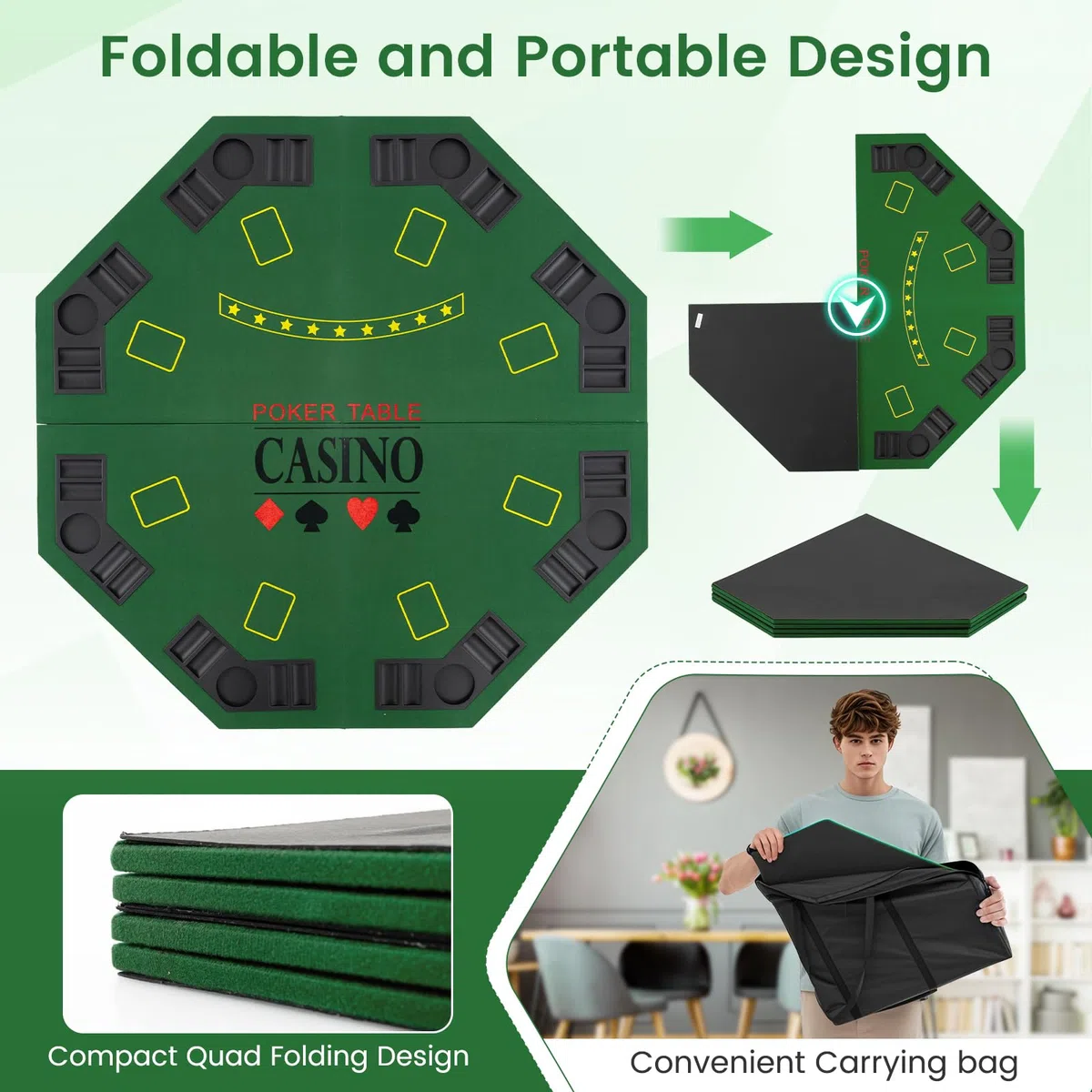 Giantex 121,9 cm tavolo da poker ottagonale top verde 8 lettore di quattro volte pieghevole da tavolo pieghevole e custodia per il trasporto, verde scuro