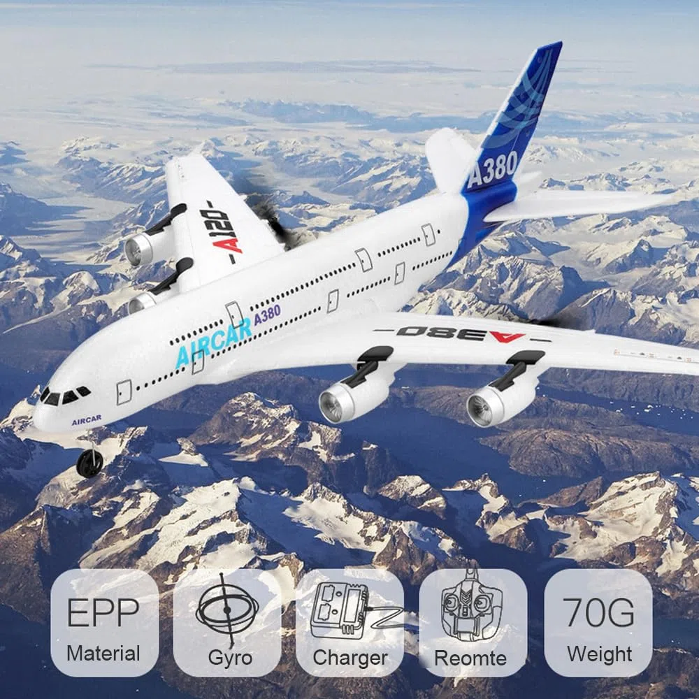 Aereo RC A120-Aircar A380, Aerei Telecomandato ad Ala Fissa EPP a 3 Canali per Esterni, Modello di Aereo A380 con Trasmettitore a 2,4 GHz