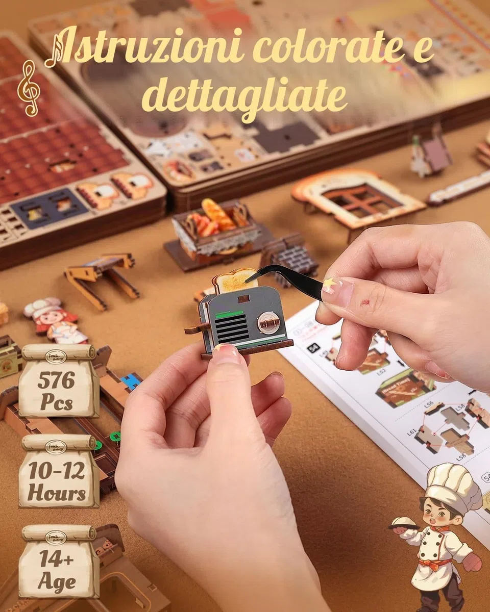 CUTEBEE Puzzle 3D Legno Bread Factory – Modellismo da Costruire Adulti con Luci LED, Musica e Meccanismi Rotanti, Kit 576 pezzi, Miniature da Costruire, Decorazione per Libreria, Regalo Creativo