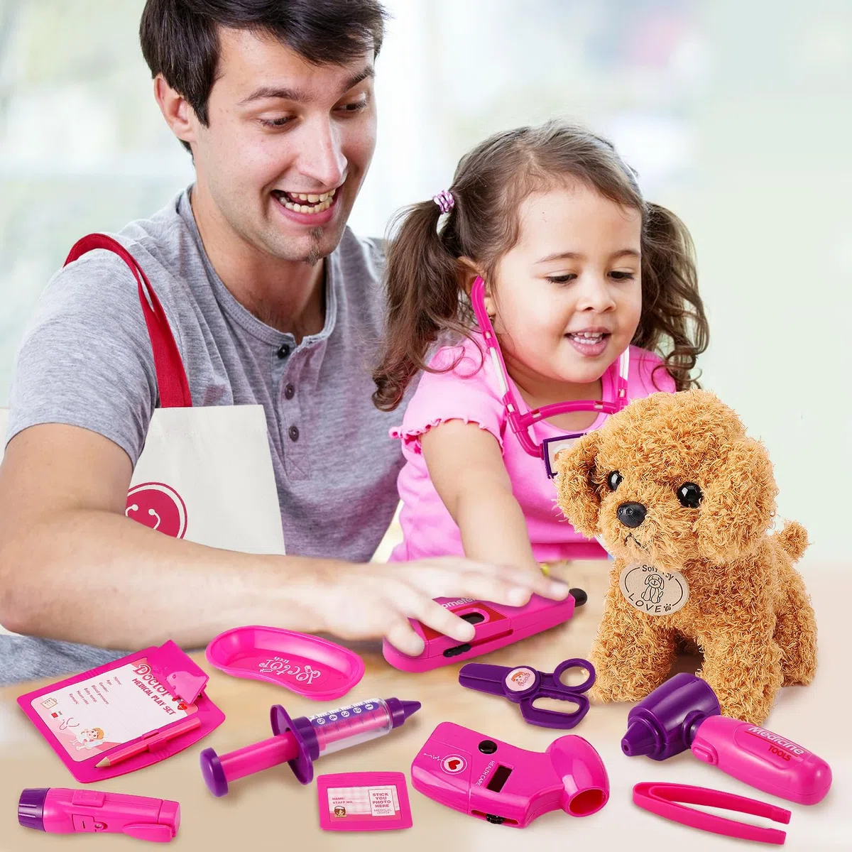 HERSITY Veterinario Bambini con Cane Peluche, Giocattoli Valigetta Dottore Veterinario Accessori, Giochi Bambina Gioco di Ruolo Regalo 3 4 5 Anni