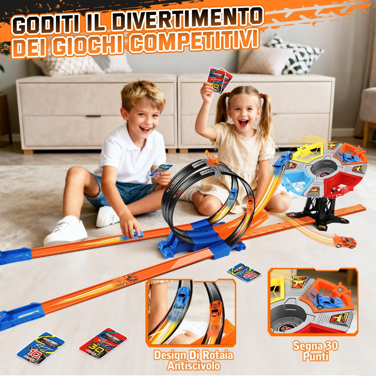 Charmofun Giocattolo Piste da Corsa, Circuito di Corse mit Pista Loop Rotante, Pista Slot per Bambini, Giocattolo da Corsa Regalo per Ragazzi 3 4 5 6+ anni