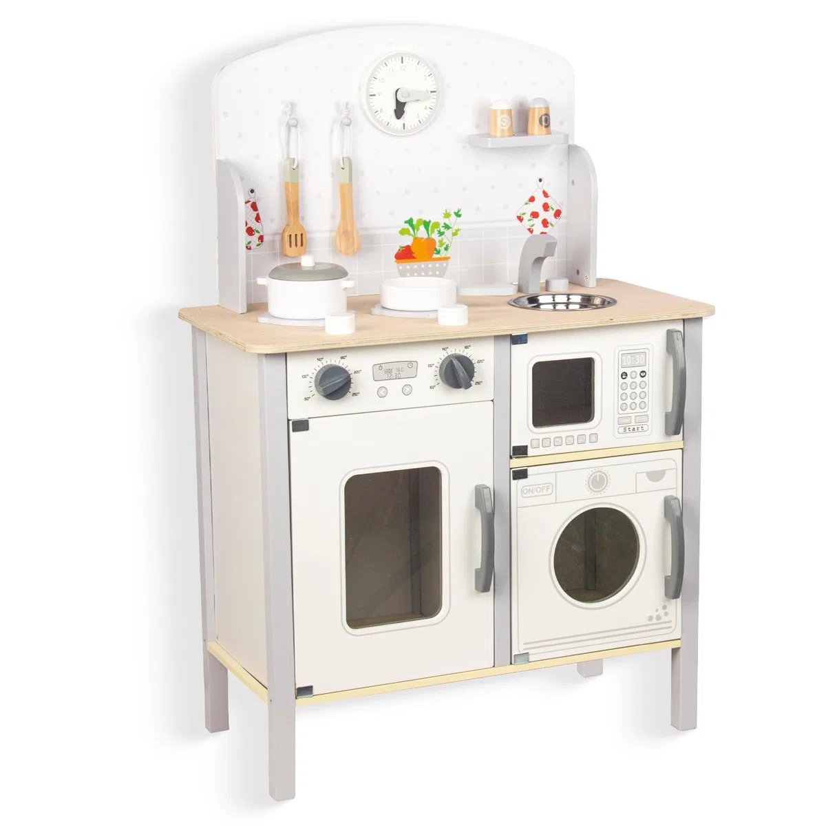 WOODENFUN Cucina giochi per bambini 3-8, in legno per bambini che giocano cucina Playset Chef Pretend Play Set per bambini piccoli, giocattoli da cucina regali per ragazzi ragazze (bianco)