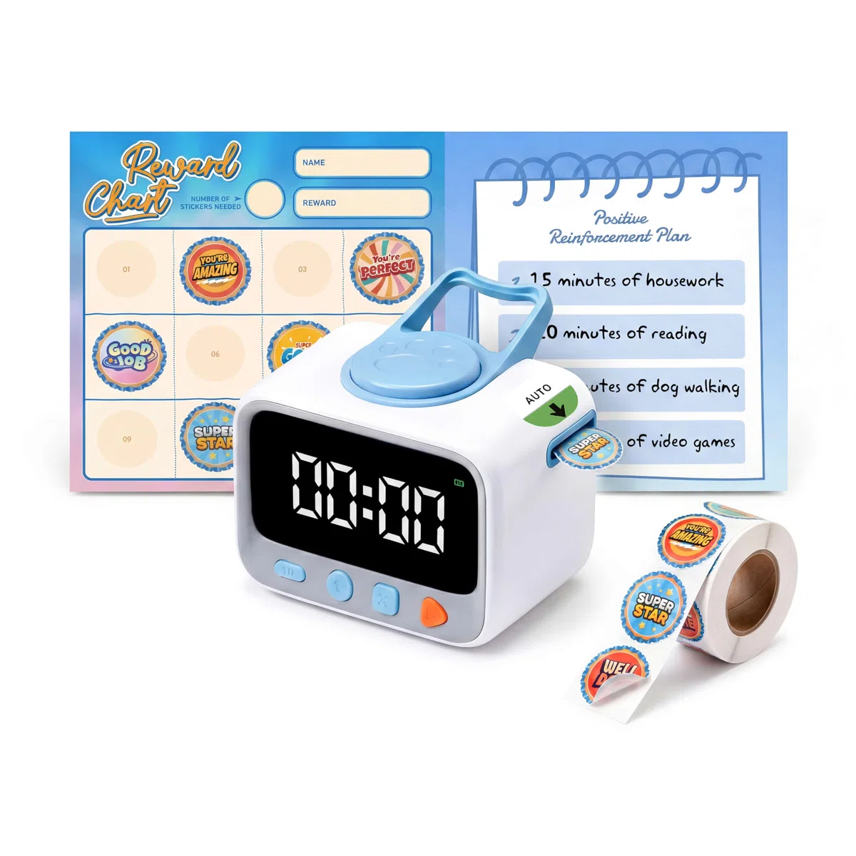 Timer per conto alla rovescia visivo con 200 adesivi premio medaglia, per premi per bambini, timer digitale ricaricabile per ADHD, strumento di studio a casa e aula