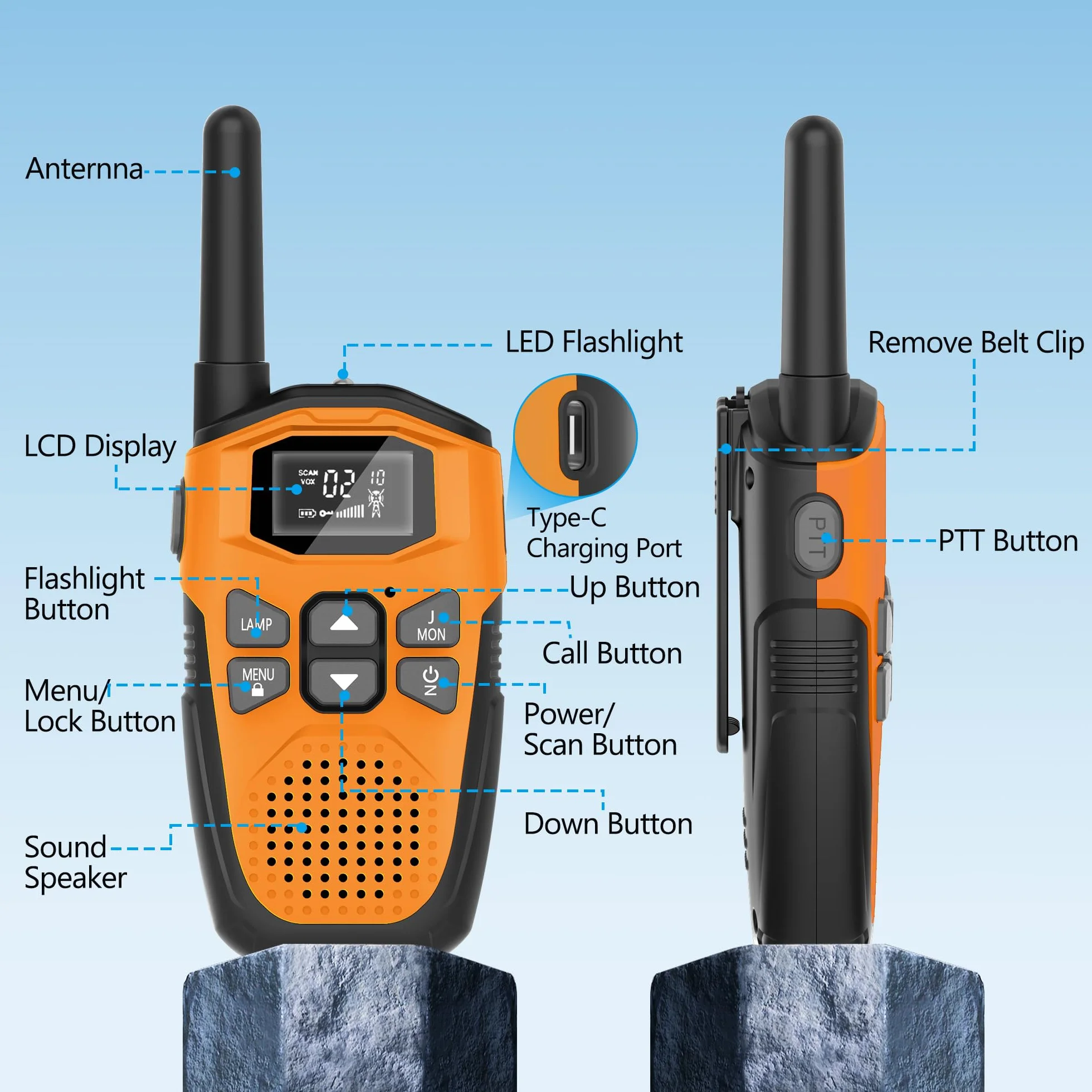 NXGKET - Set di 4 walkie-talkie ricaricabili per bambini, a lungo raggio con batteria agli ioni di litio integrata, cavo USB tipo C, 16 canali per giochi all'aperto, campeggio, escursionismo
