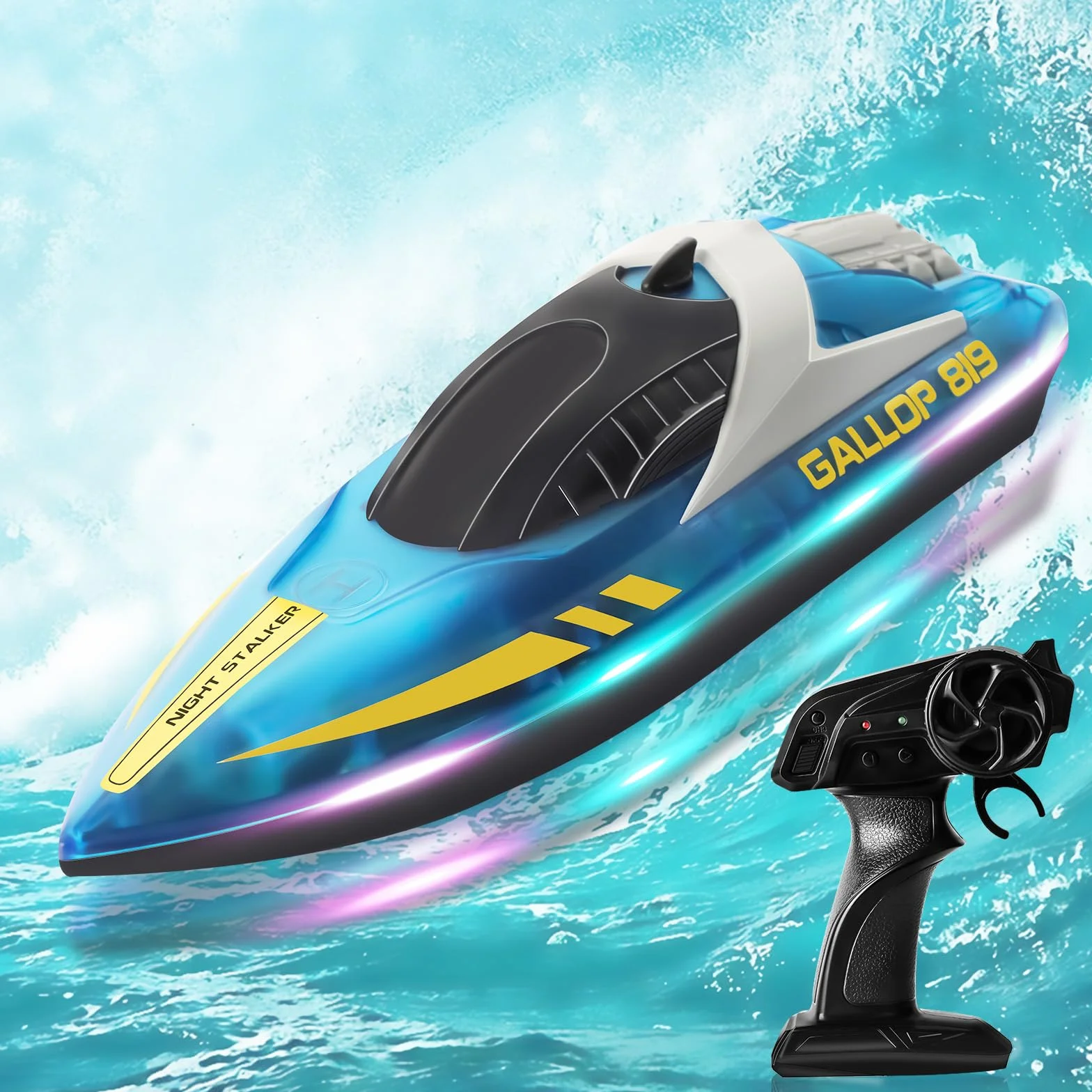 Barca Telecomandata con Luce LED, 2,4GHz Ricaricabile Barca RC completamente proporzionale, Impermeabile Motoscafo Telecomandato, Auto-Raddrizzamento Motoscafo, per Piscine, Laghi, Bambini