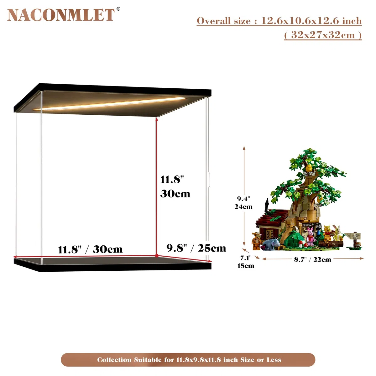 Vetrina in Acrilico Trasparente con Luce a Led,Vetrina Espositiva per Modellismo,Display Case Box per il Collezionismo di Action Figure e Oggetti da Collezione(30x25x30cm)