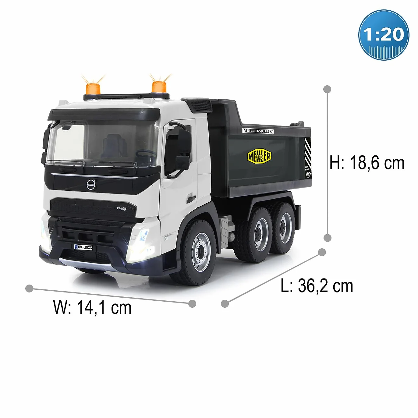 JAMARA Autocarro Volvo FMX Meiller 1:20, 2,4 GHz, con licenza ufficiale, suono di allarme di retromarcia, pneumatici in gomma profilati, luce LED, ribaltabile su/giù, veicolo da costruzione