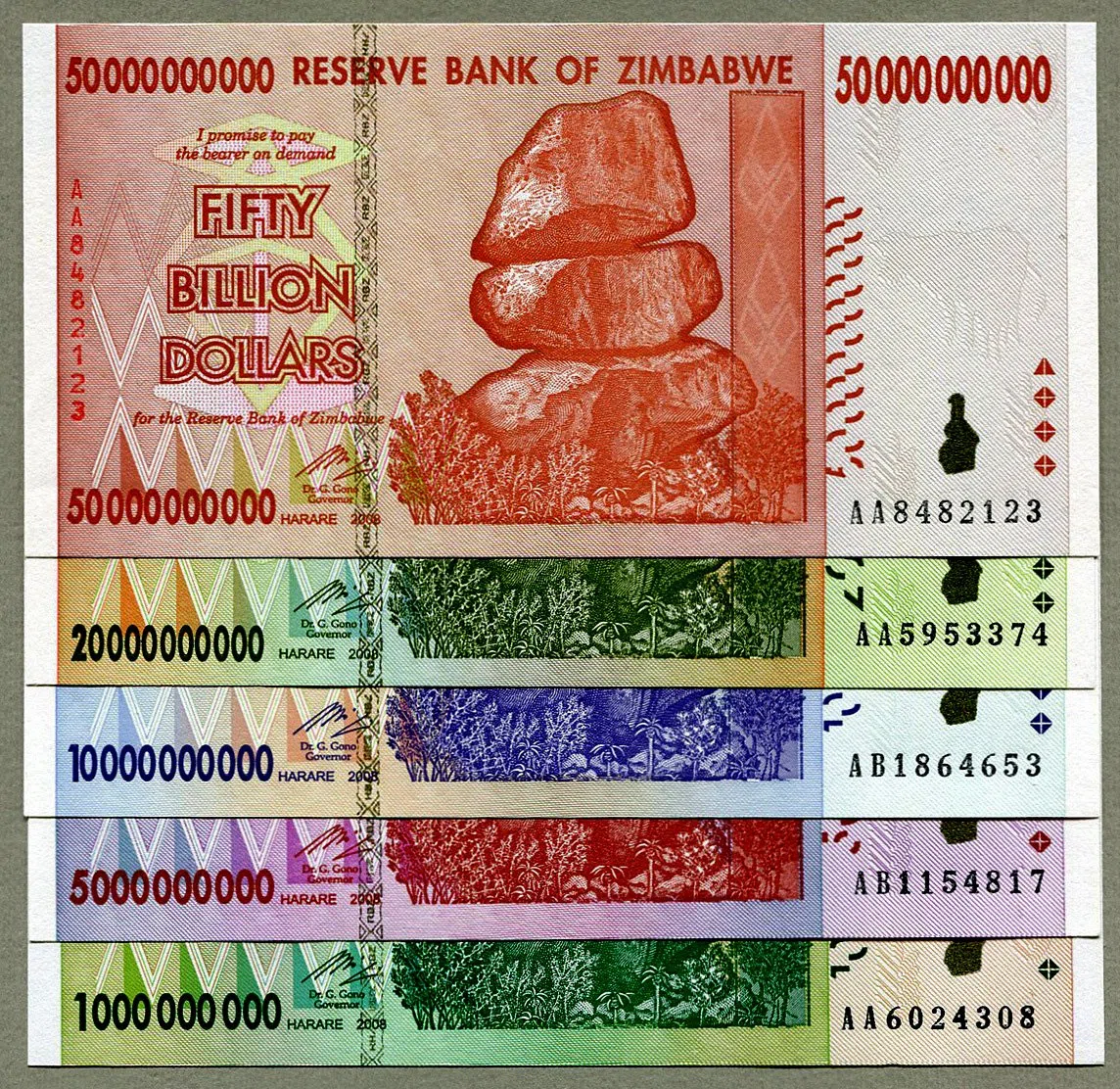 RBZ Collectibles Zimbabwe 50 20 10 5 1 miliardo di dollari banconote 2008 set completo di bollette di valuta UNC