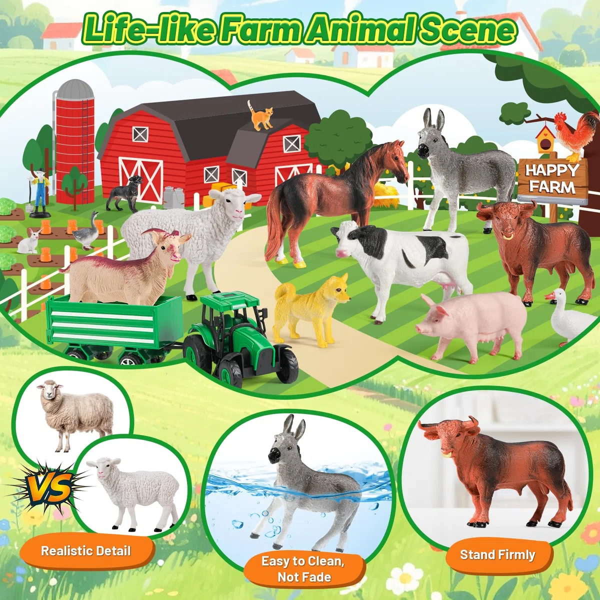 FRUSE Animali Giocattolo per Bambini con 120x80 cm Tappeto, 38 Pezzi Fattoria Animali Bambini con Fattoria Animali Figure,Trattore Giocattolo e Recinti, Giochi Educativo per Bambini 3 4 5 6 anni
