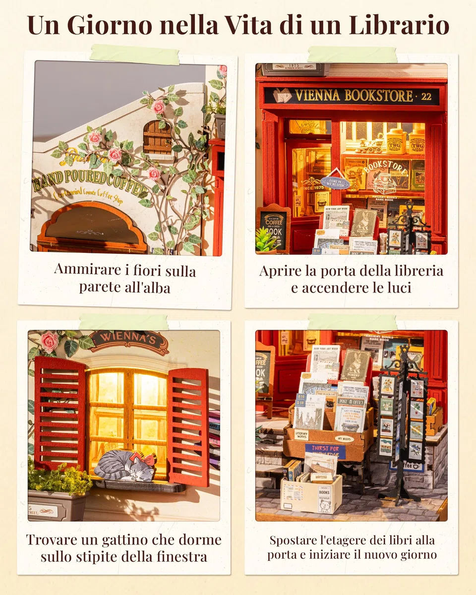 Rolife Miniature Casa Libreria Vienna, 290 pezzi Kit Casa in Miniatura DIY, Modellismo da Costruire Adulti Casa delle Bambole in Legno Puzzle 3D Nessun collante necessario