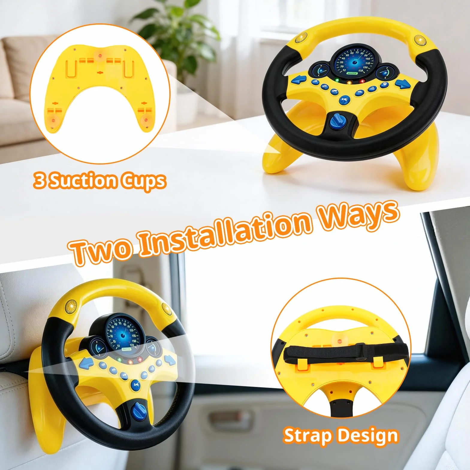 deAO Volante per Auto per Bambini Giocattolo d'Imitazione per Guida Simulata con Effetti Luminosi e Sonori Musicali per Ragazzi e Ragazze –Giallo