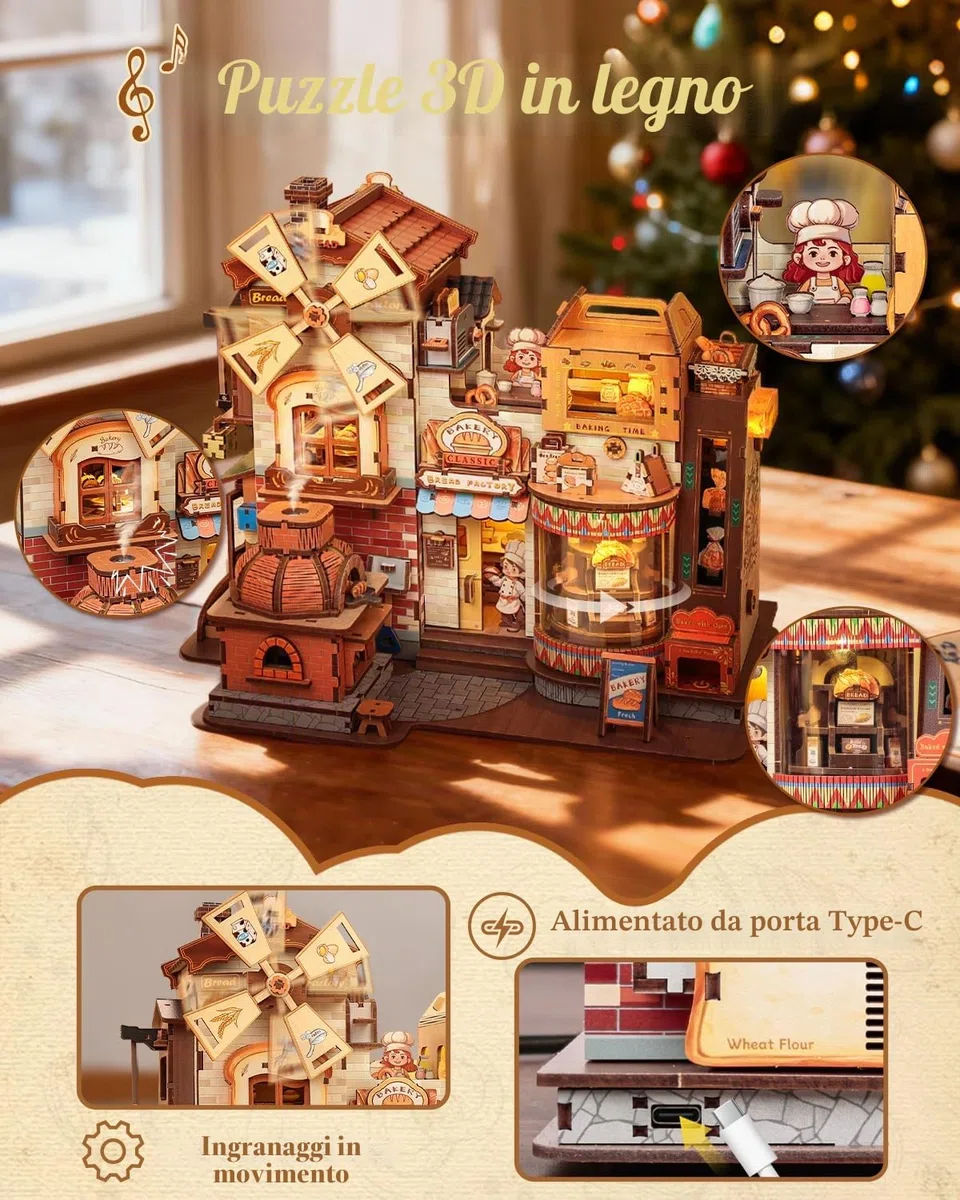 CUTEBEE Puzzle 3D Legno Bread Factory – Modellismo da Costruire Adulti con Luci LED, Musica e Meccanismi Rotanti, Kit 576 pezzi, Miniature da Costruire, Decorazione per Libreria, Regalo Creativo