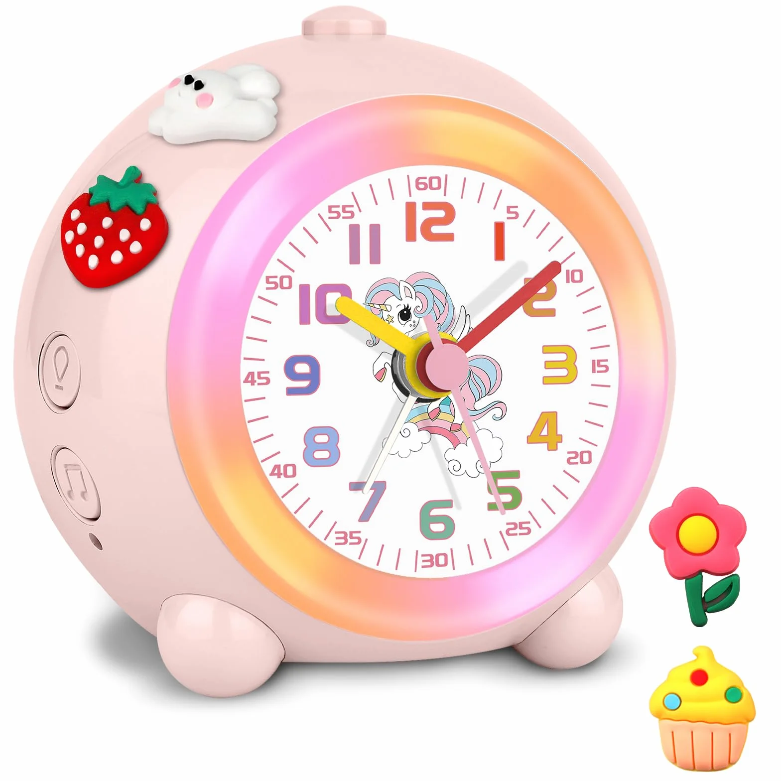 SOCICO Sveglia analogica per bambini ragazze, design unicorno, silenziosa, senza ticchettio, graziosa sveglia analogica pesca, con luce colorata, volume regolabile (rosa pallido)
