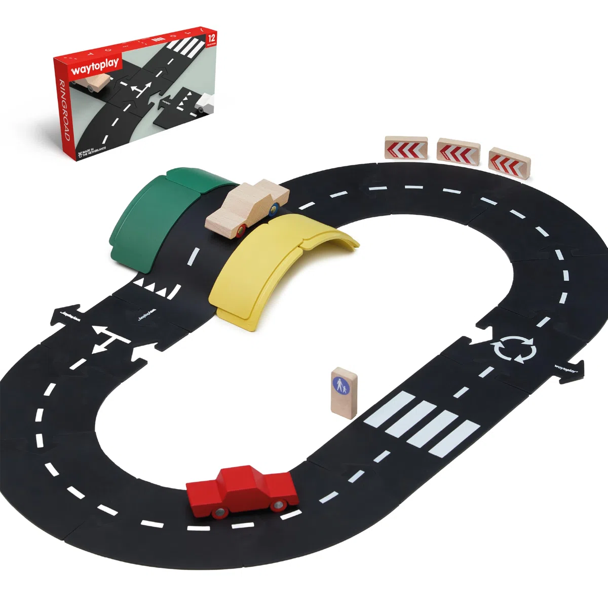 waytoplay, Set da Costruzione per Strada Giocattolo, 12 Pezzi, Colore Nero con Strisce Bianche