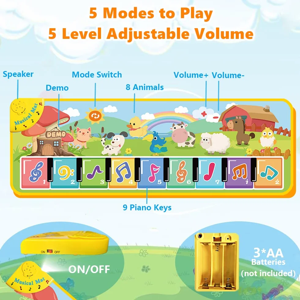 Lobyoh Tappeto Musicale per Bambini con 8 Animali, Piano Regali Compleanno per Ragazzi Ragazze, Tappeto da Danza, Tappetino per Pianoforte, Giocattolo Musicale per Bambini
