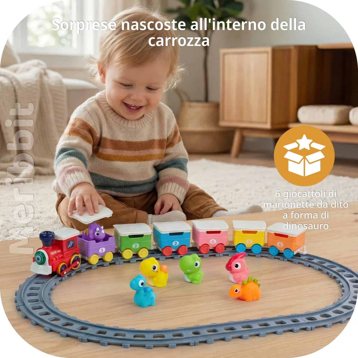 Trenino con Binari, Luci ed Effetto Vapore, Dinosauri Marionette da Dito, Giocattoli Montessori Sensoriali, Gioco Educativo per Bambini 2 Anni, Regalo 1-3 Anni
