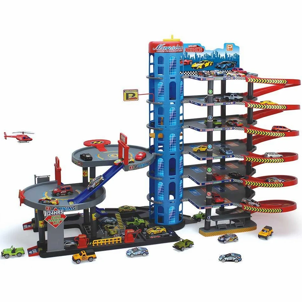 Bakaji Garage Gigante Giocattolo per Bambini con 6 Piani Rampe a Scivolo Ascensore Pitstop e Autolavaggio Incluse 10 Macchinine + Elicottero Dimensione 92 x 46 x 71 cm