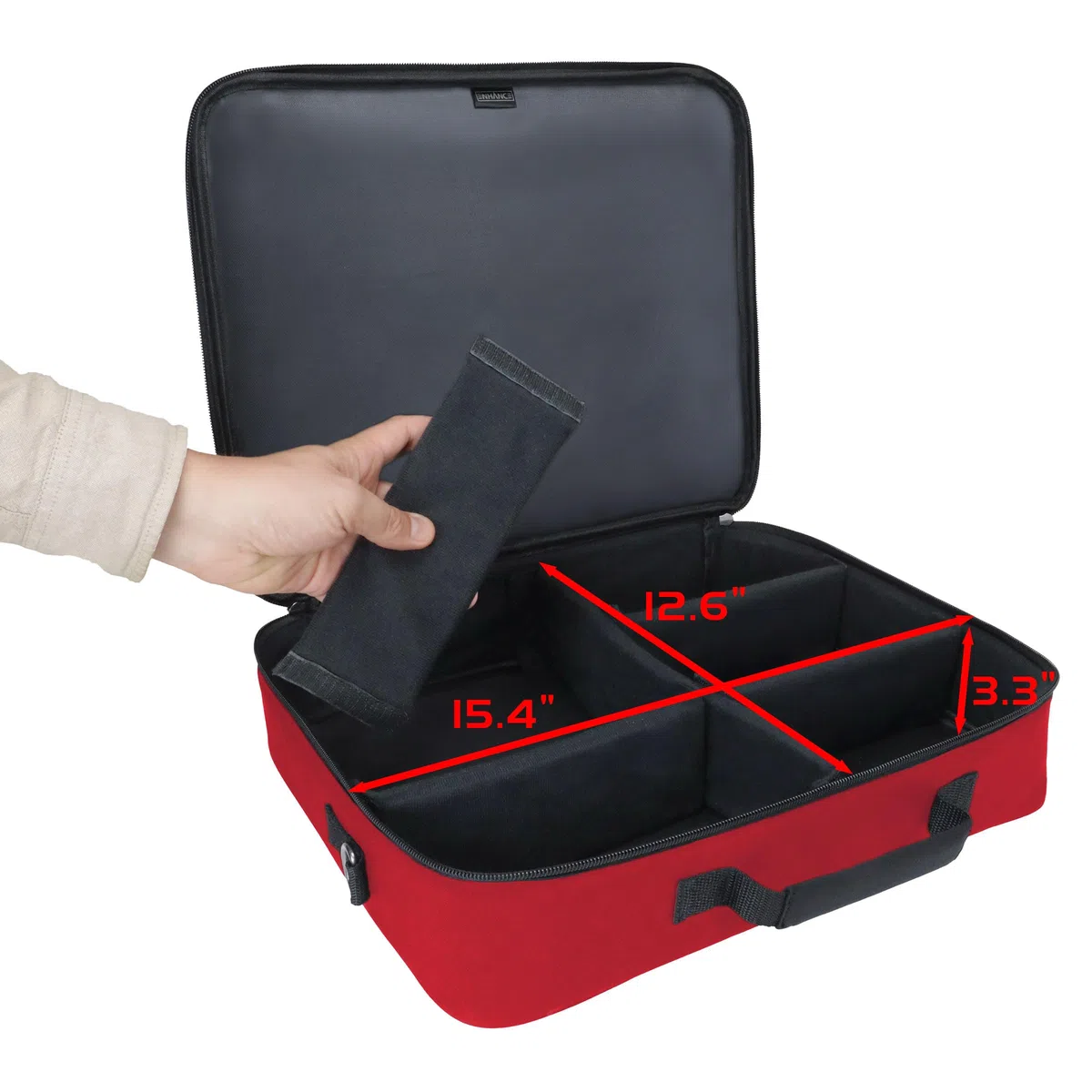 ENHANCE Borsa TCG Designer Edition - Borsa a Tracolla MTG con Divisori Regolabili e Tasca per Accessori per Porta Mazzi, Dadi e Carte | Compatibile con Magic The Gathering, Pokémon, Lorcana (Rosso)