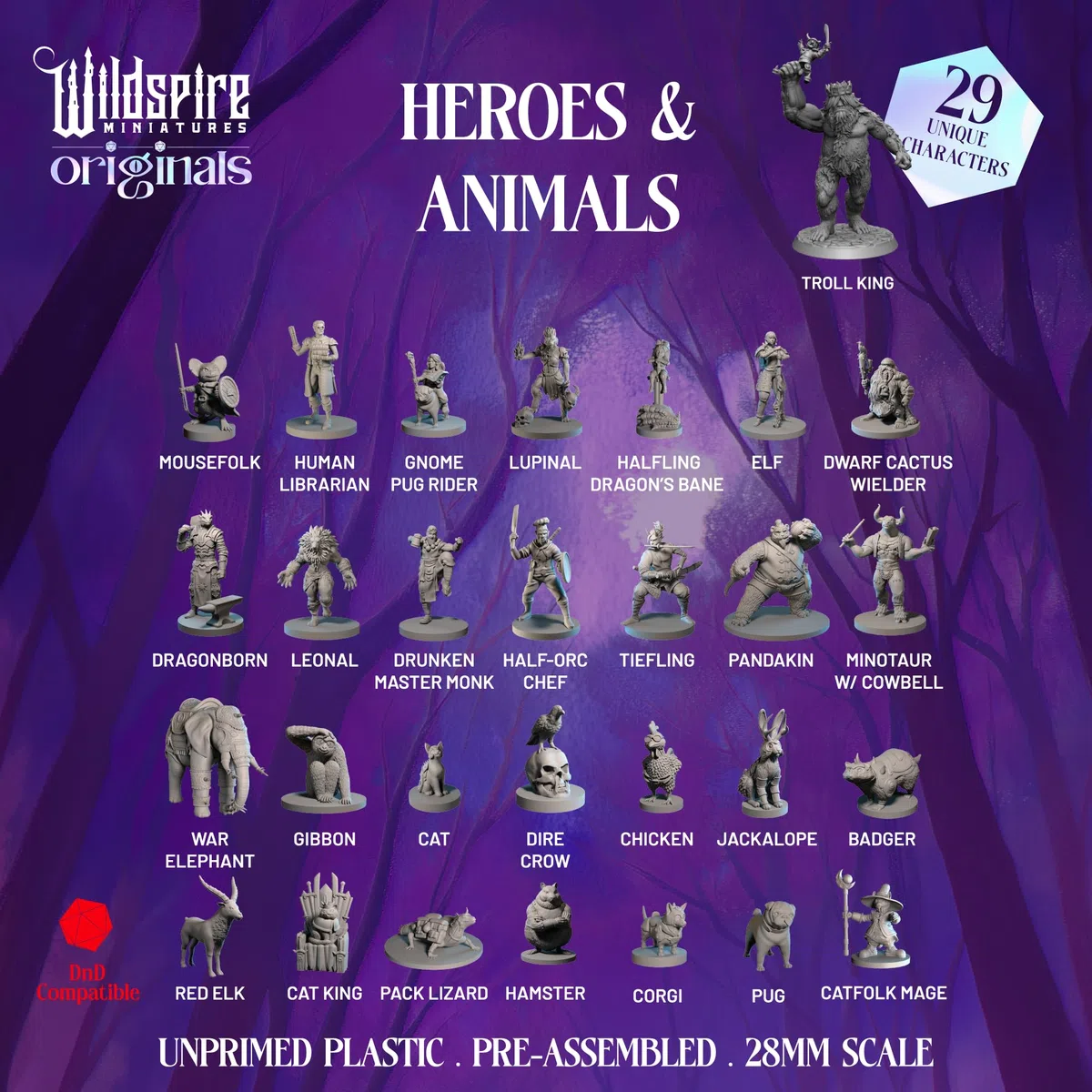 Wildspire Heroes, Compagni Animali NPC e Re Troll per DND Miniature 28mm-32mm - Figure Fantasy Non Verniciate per Dungeons and Dragons, D&D, Pathfinder