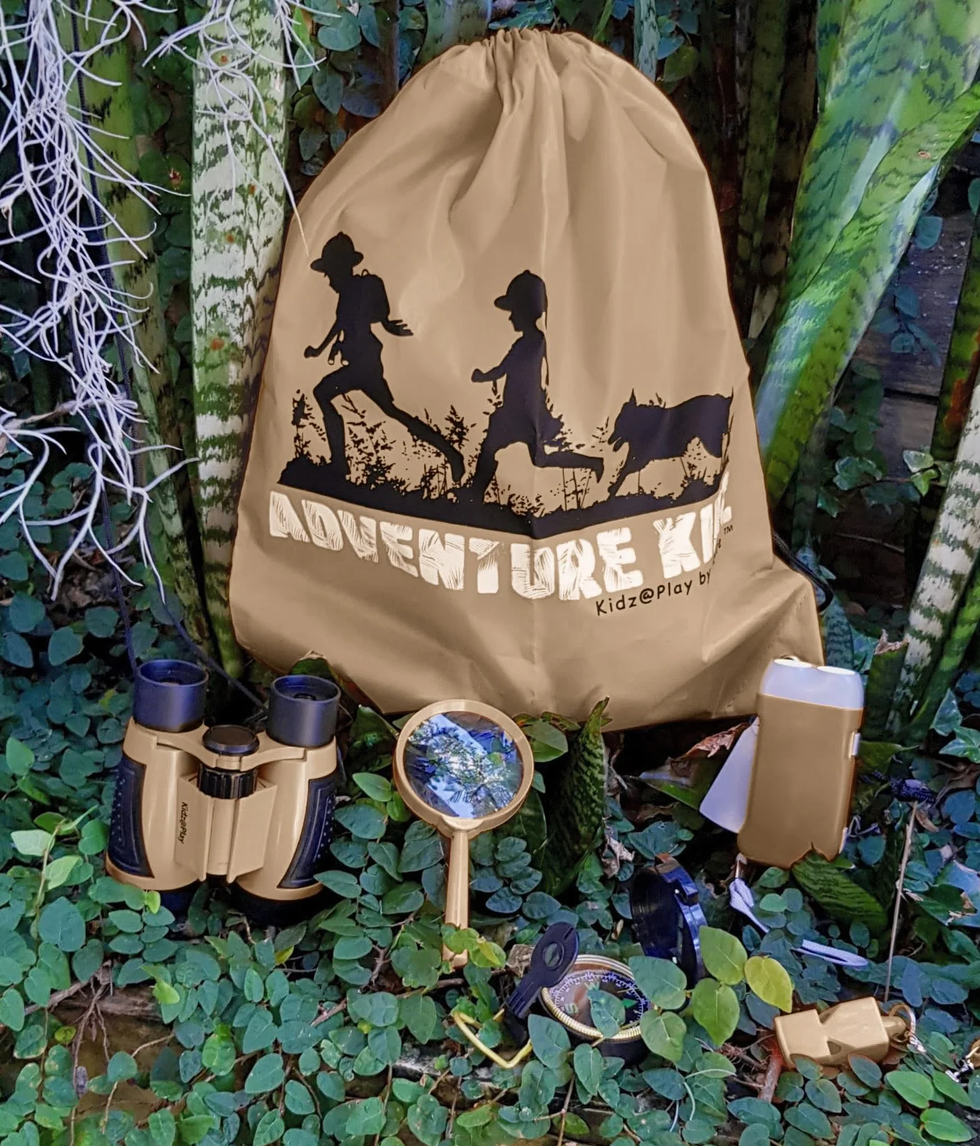 Tan Adventure Kidz - Kit per esplorazione all'aperto, binocolo, torcia, bussola, fischietto di volpe, lente d'ingrandimento, zaino, ottimo set regalo per giochi di simulazione