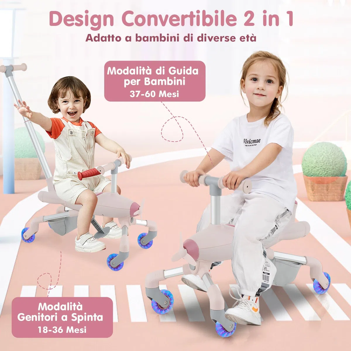 RELAX4LIFE Auto a Spinta per Bambini 2-in-1, Maniglie Regolabili, Ruote in PU con Luci LED, Poggiapiedi Pieghevoli, Carico 50kg, per Bambini 18-60 Mesi (ROSA)