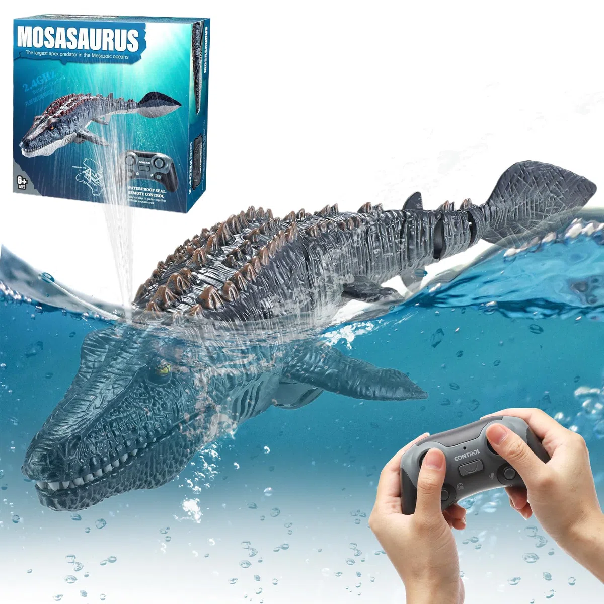 DAWRIS Mosasaurus, barca telecomandata, 2,4 GHz, impermeabile, a U per bambini dai 6, radiocomandata a distanza con luce LED e nebulizzazione, doppia elica giocattolo per piscina Pond