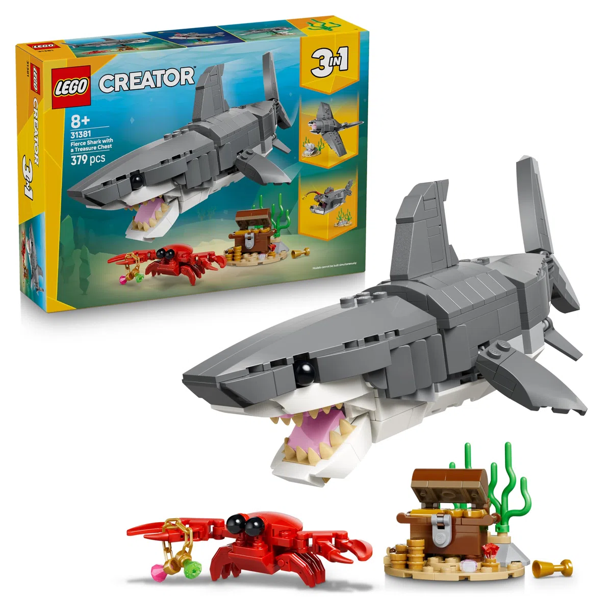 LEGO Creator 3 in 1 Squalo con Scrigno del Tesoro Giocattolo - Animale Marino Trasformabile in Rana Pescatrice o Manta - Decorazione Camera da Letto - Regalo per Bambini e Bambine da 8 Anni - 31381